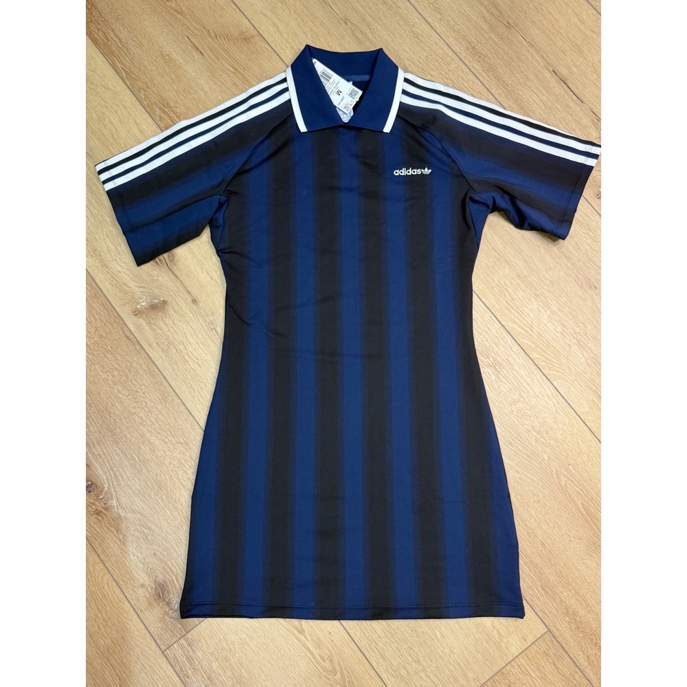 Adidas Originals Footie Dress Night Indigo Striped Polo Mini Dress Womens M